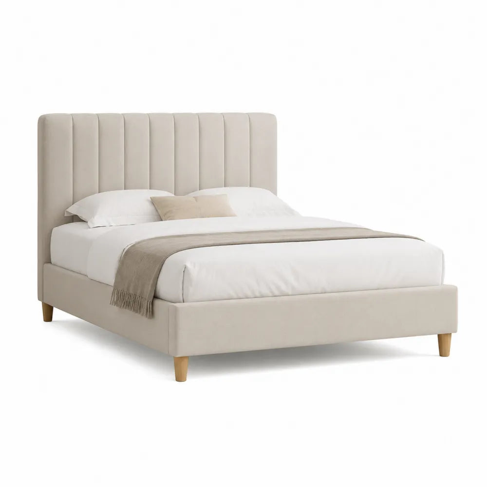 Polsterbett Doppelbett Polyesterbezug MDF Rahmen Holzfüße Beige 180 x 200 cm