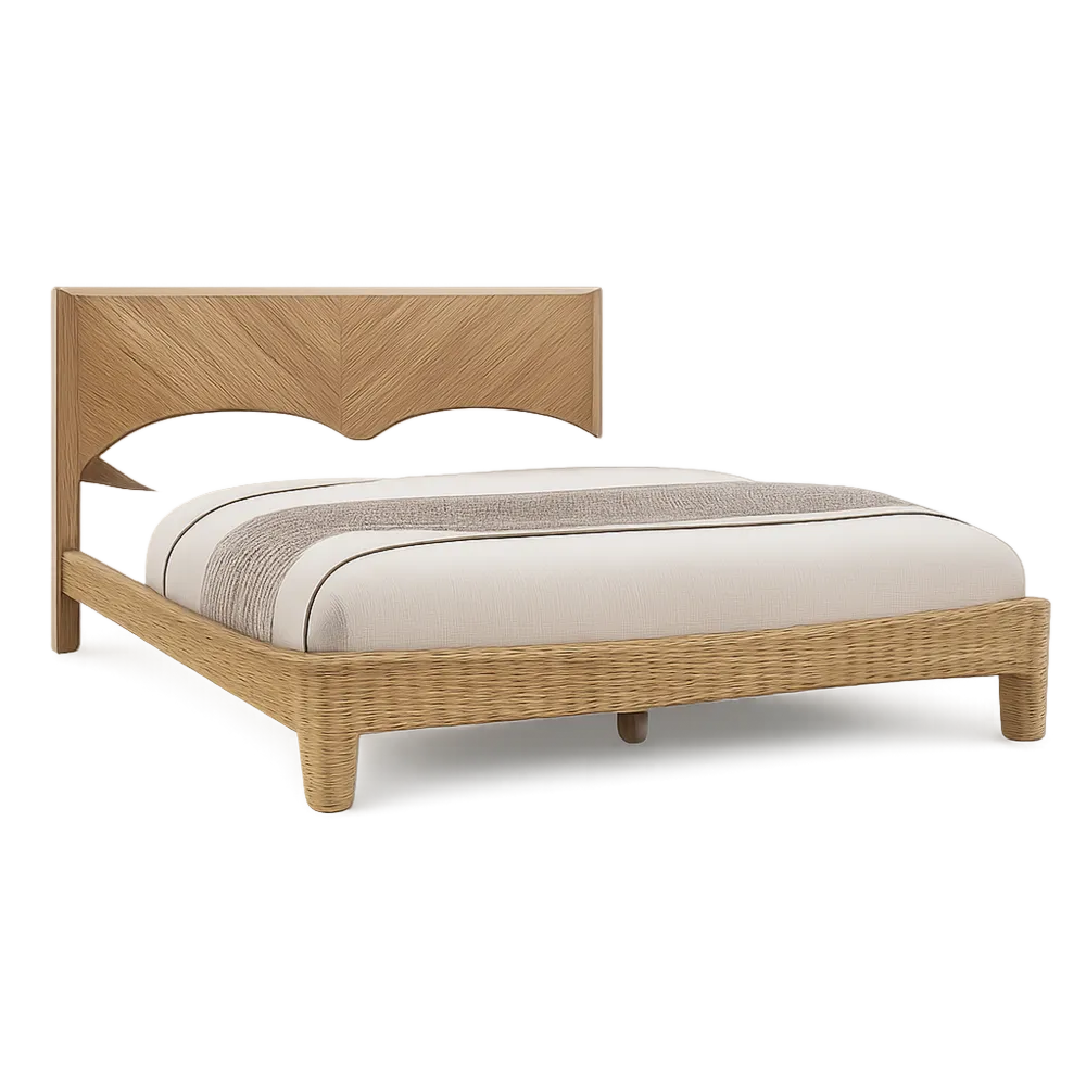 Bett Doppelbett Massivholz Natur Rattanoptik Kopfteil 180 x 200 cm