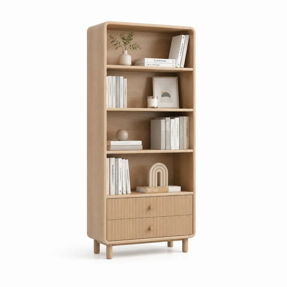 Bücherregal 80 x 35 cm MDF mit Schubladen Standregal Natur Rechteckig