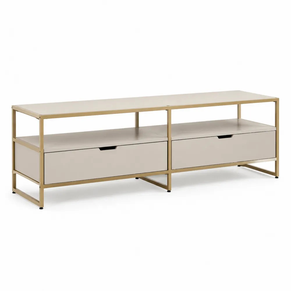 TV Lowboard 200x40x45 cm MDF Holzwerkstoff Beige mit Metallrahmen und Schubladen