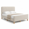 Polsterbett Doppelbett 180 x 200 cm Stoffbezug Beige mit gepolstertem Kopfteil und Holzfüßen