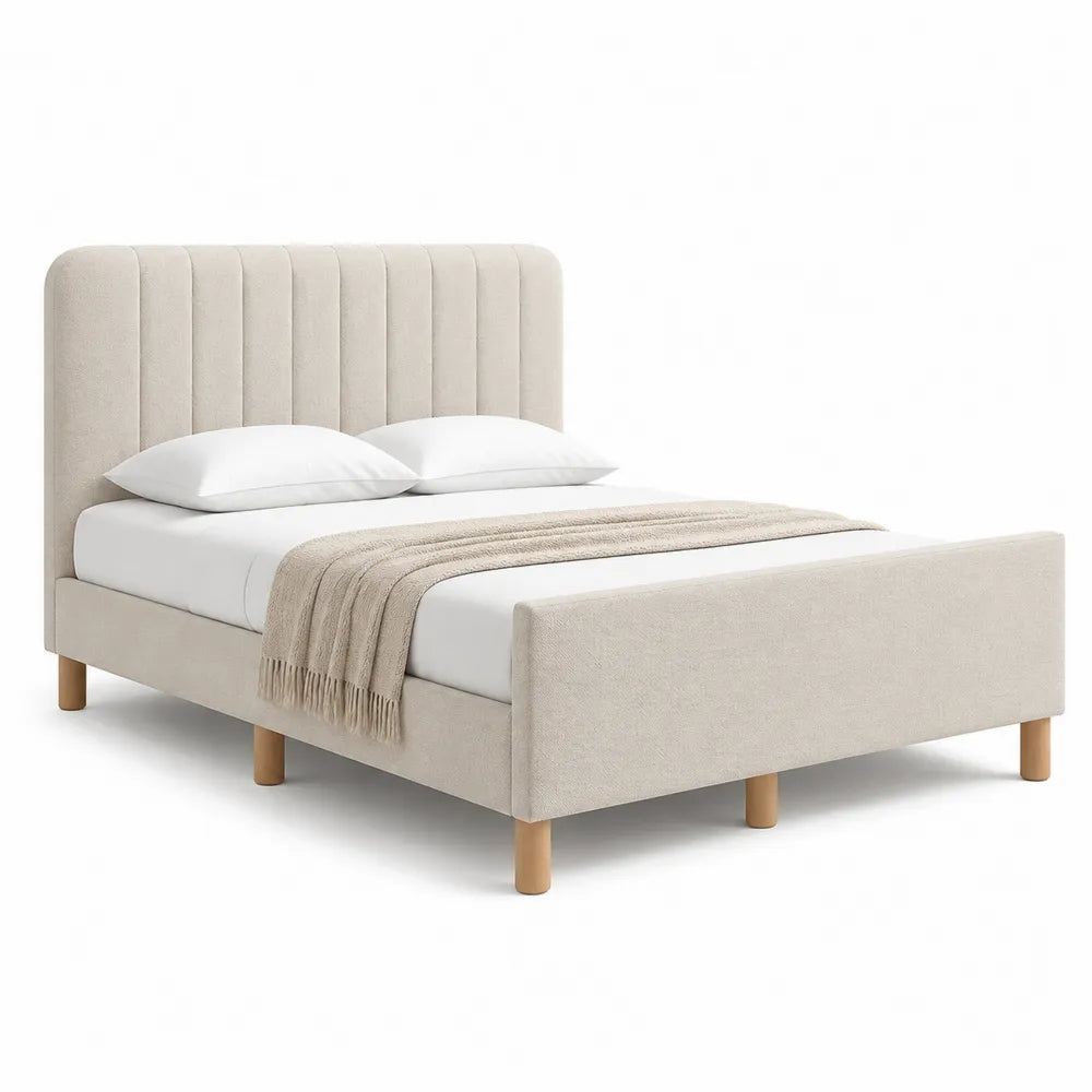 Polsterbett Doppelbett 180 x 200 cm Stoffbezug Beige mit gepolstertem Kopfteil und Holzfüßen