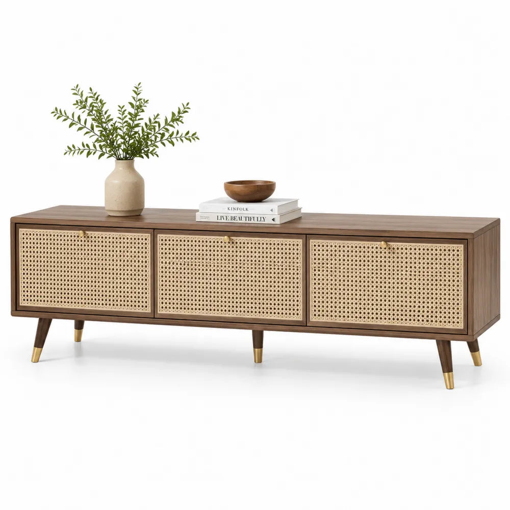 TV Lowboard 220x40x55 cm MDF Holzwerkstoff Walnuss Beige mit Türen und Metallbeinen